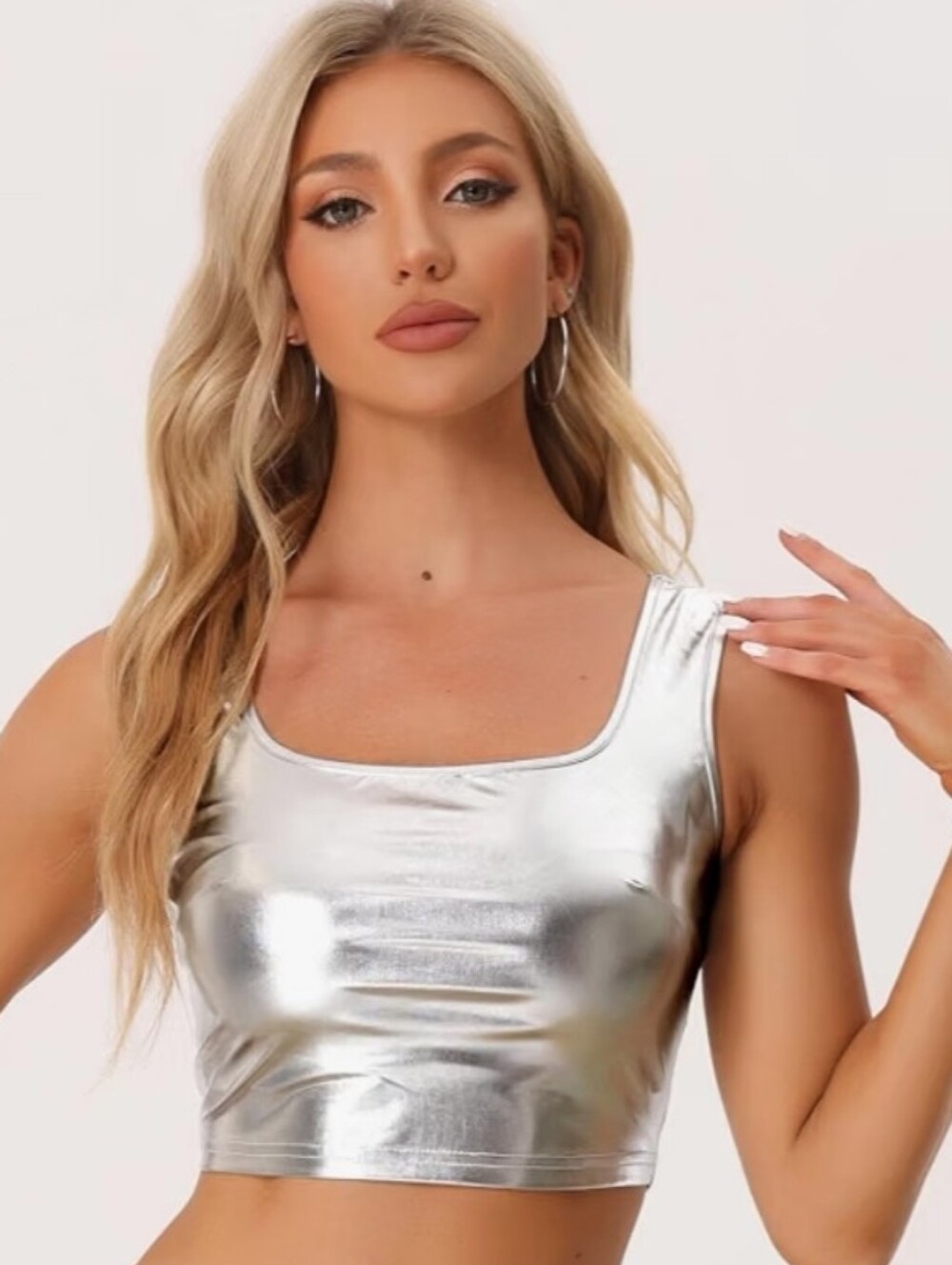 Allegra K Women's Sleeveless Party Holographic Metallic Crop Top
